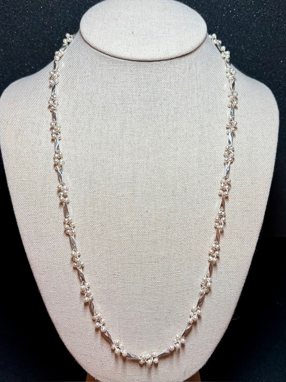 Elegant Silver-Tone Floral Station Necklace - White Pearlescent Accents